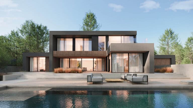 Modern two-story house with large windows, flat roof, front pool, trees, and clear sky.