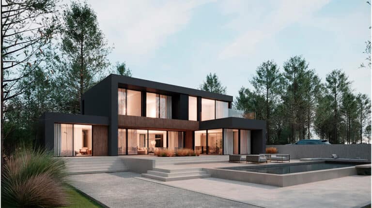 Modern two-story house with large windows, flat roof, poolside seating, and trees with minimal landscaping.