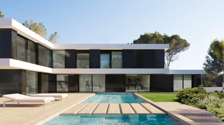 Modern two-story house with large windows, black and white exterior, pool, loungers, and landscaped garden.