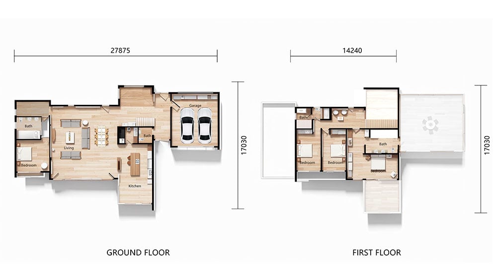 Plan d'étage à deux étages : rez-de-chaussée avec séjour, cuisine, garage, 1 chambre/2 salles de bain ; à l'étage 3 chambres/2 salles de bain, balcon.