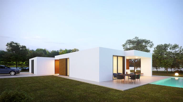 Modern white minimalist house with big windows, patio, table, chairs, car nearby, pool, grass, and trees.
