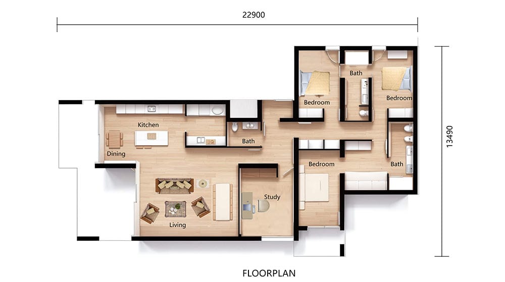Plan de la maison : 3 chambres, 3 salles de bains, bureau, salon, salle à manger, cuisine. Dimensions : 22,900 13,490 x XNUMX XNUMX mm.
