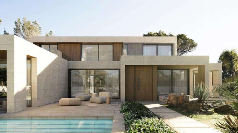 Modern two-story house with large windows, flat roof, beige stone exterior, pool, outdoor seating, and garden.
