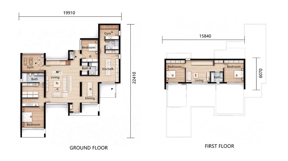 Maison à deux étages : le rez-de-chaussée comprend un salon, une salle à manger, une cuisine, une salle de sport et 3 lits ; l'étage comprend un séjour et 2 lits. Dimensions en mm.