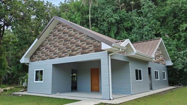 Clean modern house with mixed siding and gable roof in a lush green environment.