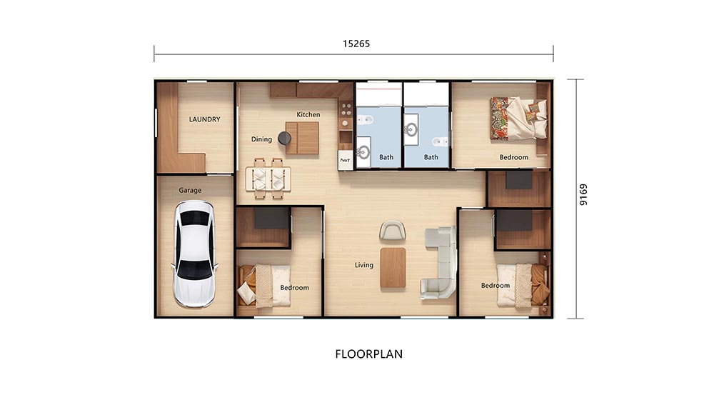 Plan d'étage de maison spacieux avec chambres, salon, cuisine et garage, idéal pour une vie de maison moderne.