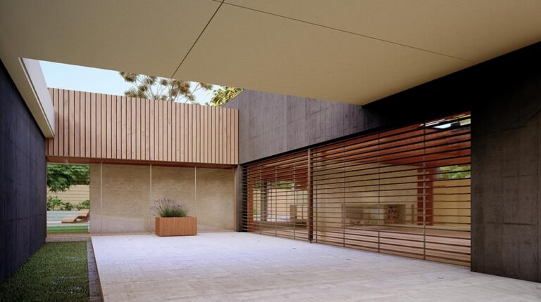 Modern minimalist outdoor patio with wooden slat privacy screens and sleek concrete finishes, perfect for stylish outdoor living and relaxation.