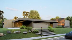 Modern minimalist house with sleek design, large windows, and landscaped front yard, featuring deep blue accents and contemporary architecture. Perfect for luxury home living.