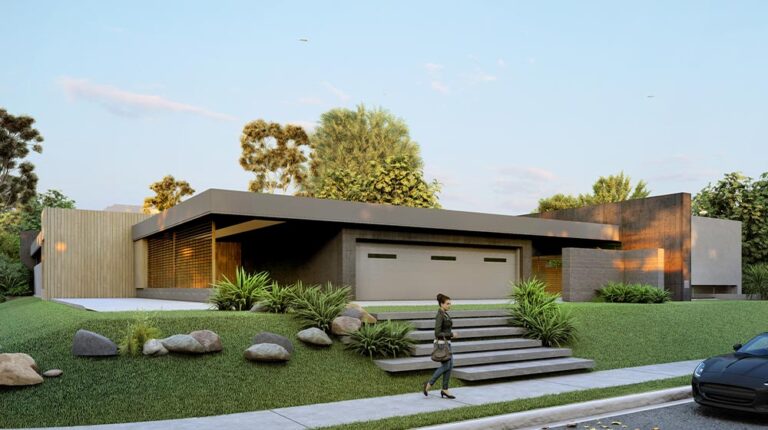 Modern minimalist house with sleek design, large windows, and landscaped front yard, featuring deep blue accents and contemporary architecture. Perfect for luxury home living.