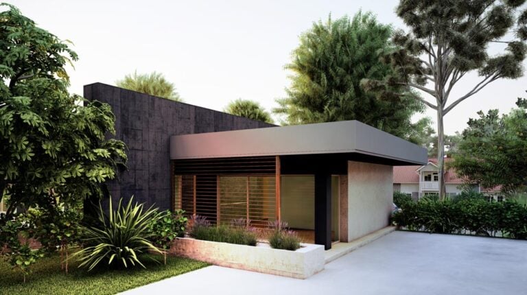 Contemporary modern house with minimalist design, flat roof, large windows, and lush landscaping, showcasing sustainable architecture and outdoor living spaces.