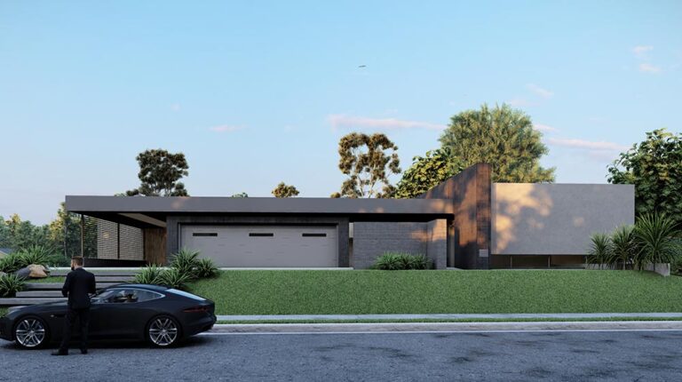 Contemporary modern house with sleek design, large garage, and landscaped yard featuring lush greenery and minimalist architecture.