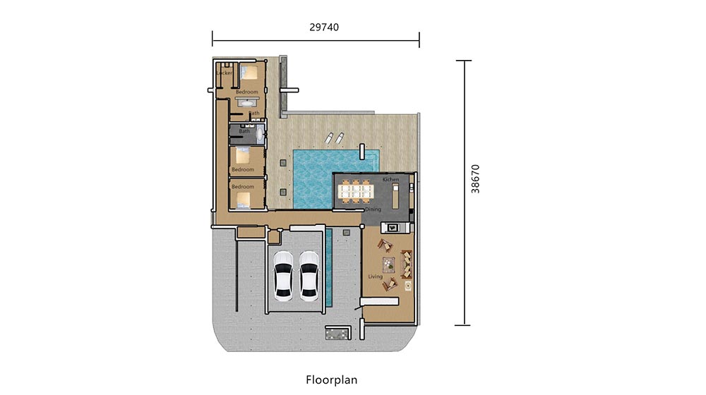 Plan d'étage de maison moderne avec des espaces de vie spacieux, des chambres, une cuisine et une piscine extérieure pour une vie confortable et des aménagements compacts divertissants.