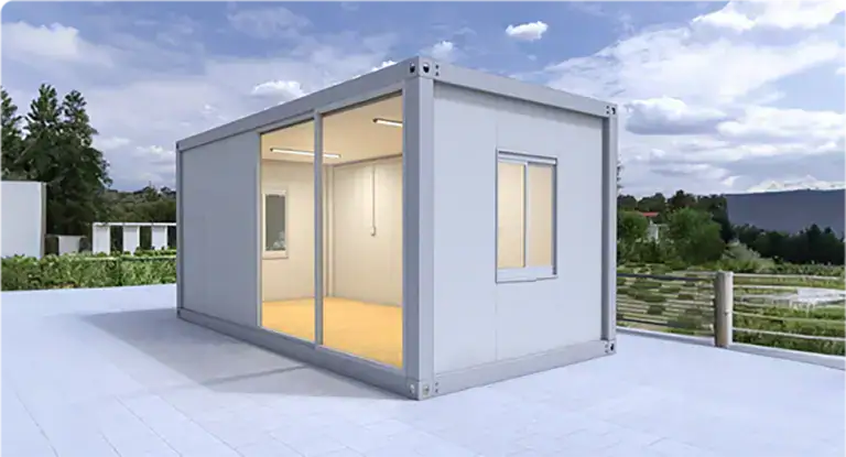 High-quality modular container home exterior on rooftop with scenic mountain and greenery background, showcasing modern, eco-friendly tiny house solutions by Deepblue.