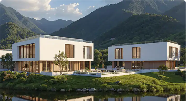 Contemporary modern luxury homes with scenic mountain and water views, featuring sleek architecture, large glass windows, and eco-friendly design elements. Ideal for luxury living and outdoor relaxation.