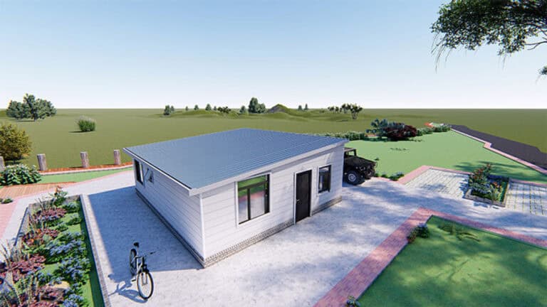 Modern tiny house with solar panels, featuring sustainable design and eco-friendly construction. Perfect for compact living or vacation retreats with stylish curb appeal.