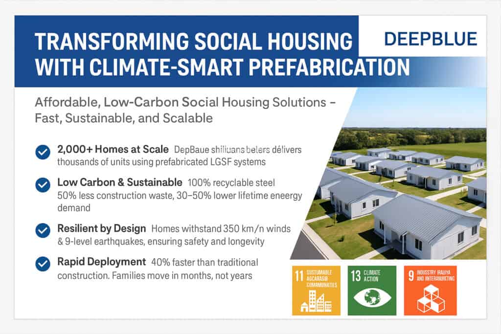 prefabricated low-carbon social housing community with climate-smart design by DeepBlue, featuring scalable, recyclable steel homes for sustainable, resilient living in green environments