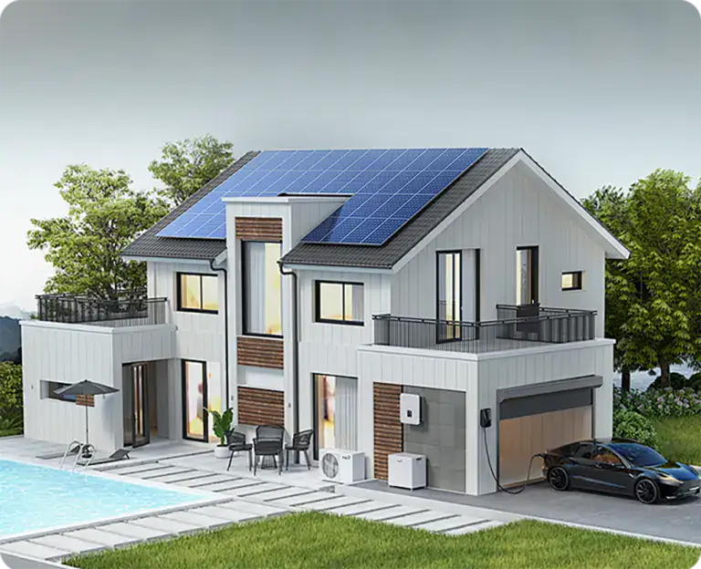 Solar panel home with modern design and energy-efficient features, large balcony, and pool area, showcasing sustainable living solutions and contemporary architecture in a suburban setting.