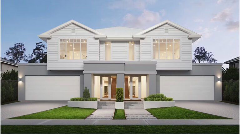 Contemporary white two-story house with large windows, modern architectural design, and landscaped front yard. Ideal for modern homeowners seeking stylish home exteriors.