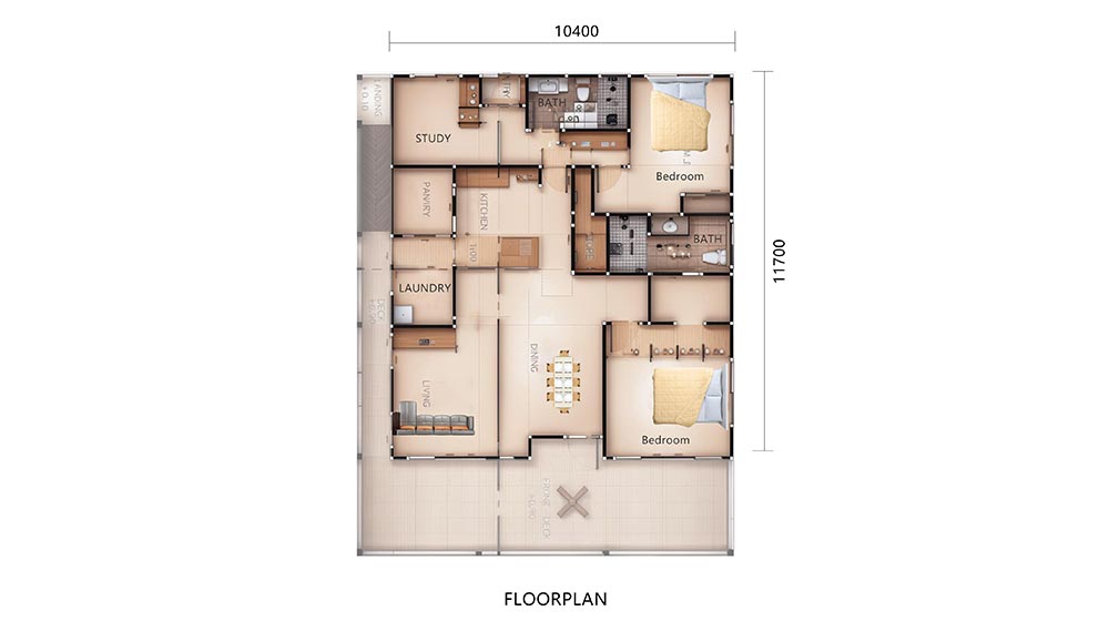 Spacious residential floor plan with three bedrooms, two bathrooms, a modern kitchen, laundry area, study, and outdoor patio, ideal for family living and entertaining.