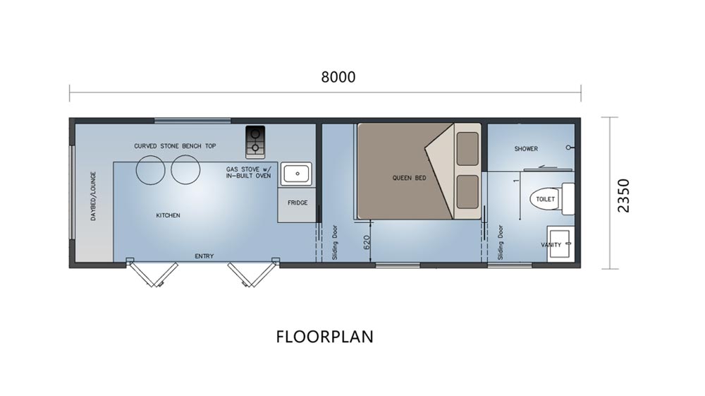 Moderna planimetria di una piccola casa con cucina compatta, camera da letto matrimoniale, bagno con doccia e WC, ideale per uno stile di vita minimalista o per le vacanze.