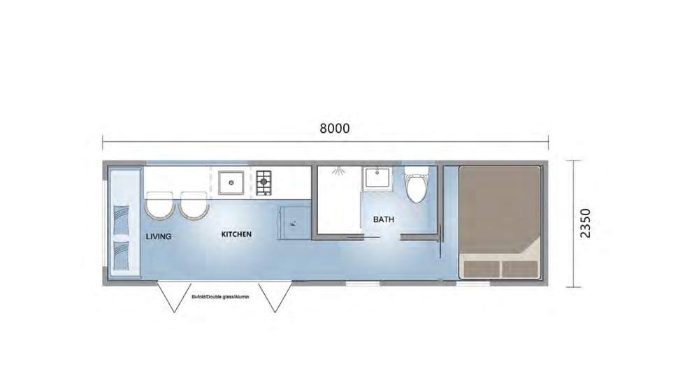 Pianta compatta di una casa minuscola con zona giorno, cucina, bagno e camera da letto ottimizzate, che misura 8,000 x 2,350 mm, progettata per un utilizzo efficiente dello spazio e comfort moderno.