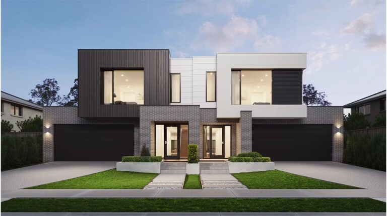 Modern two-story house with contemporary design, sleek black and white exterior, large windows, and well-manicured lawn, highlighting innovative architecture and stylish home solutions.