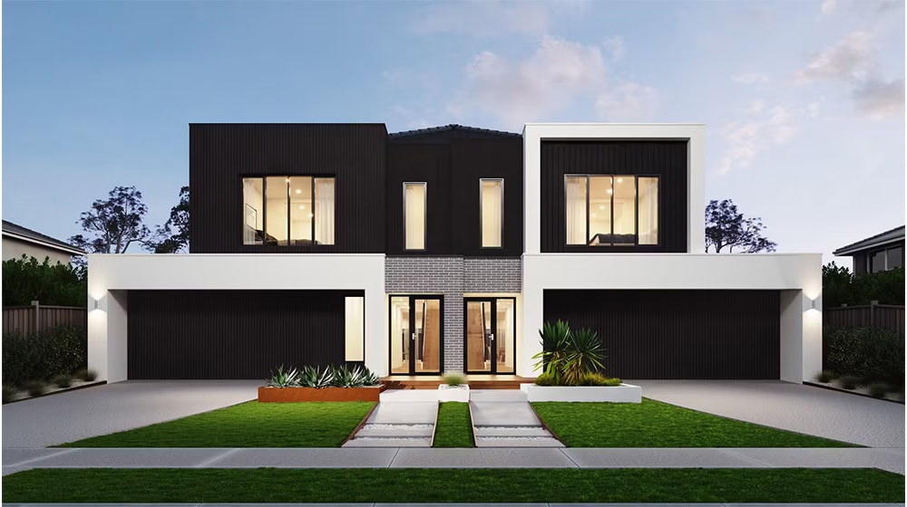 Modern two-story contemporary house with sleek black and white exterior, large windows, and landscaped front yard, showcasing innovative architectural design for luxury living.