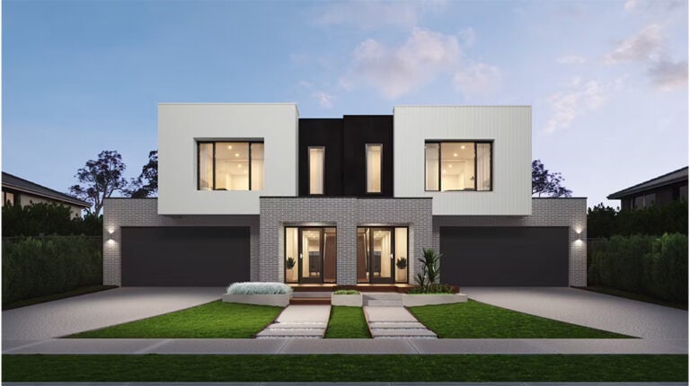 Modern two-story house with sleek design, large windows, and contemporary architecture.