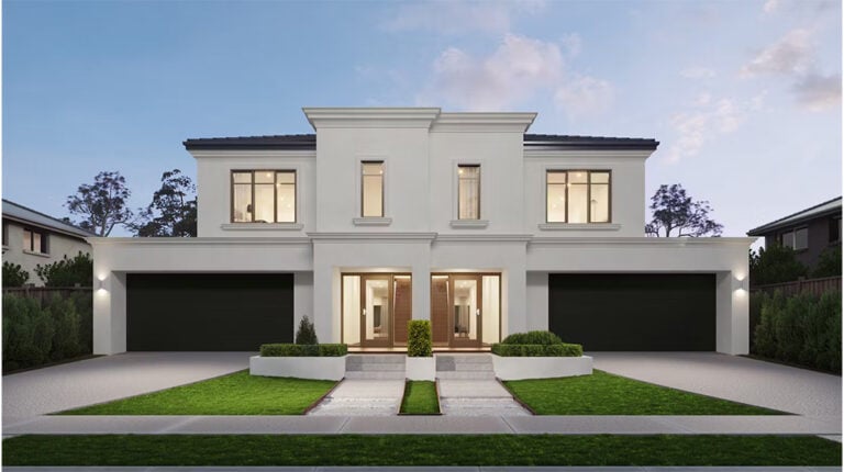 High-end modern white residential house with large garage doors and landscaped front yard at dusk, showcasing luxury home design and curb appeal.