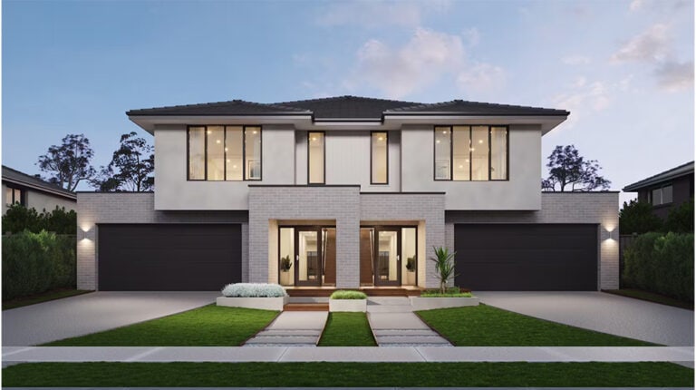 Modern two-story house with sleek design, large windows, and landscaped front yard, showcasing contemporary architecture and stylish outdoor lighting.