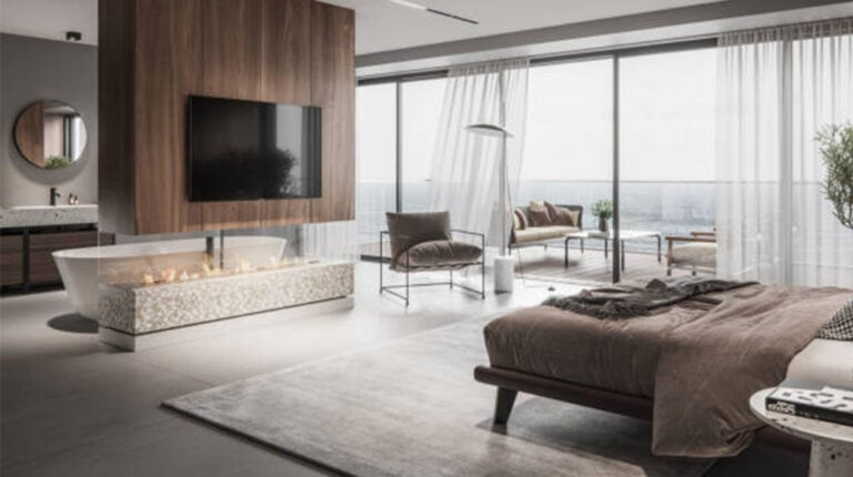 Modern luxury bedroom with floor-to-ceiling windows, contemporary furniture, and ocean views, showcasing stylish interior design and natural light for relaxation and comfort.