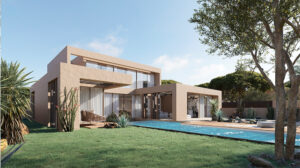 Modern luxury home with outdoor pool and desert landscaping, stylish architecture, and spacious living areas, perfect for contemporary indoor-outdoor living.