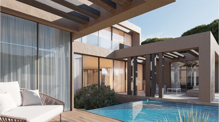 Luxurious modern home with a private pool and contemporary outdoor patio, featuring sleek architecture, large glass windows, and stylish outdoor furniture for sophisticated living.