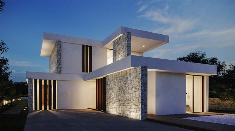 Contemporary modern house with minimalist design, clean lines, and stone accents, illuminated at dusk, showcasing luxury architecture and stylish outdoor living spaces.