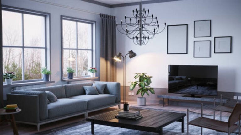 Modern living room with large windows, stylish furniture, and contemporary decor.