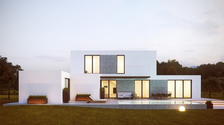 Modern minimalist house with sleek white exterior, large glass windows, and outdoor patio area, showcasing contemporary design and outdoor living space.