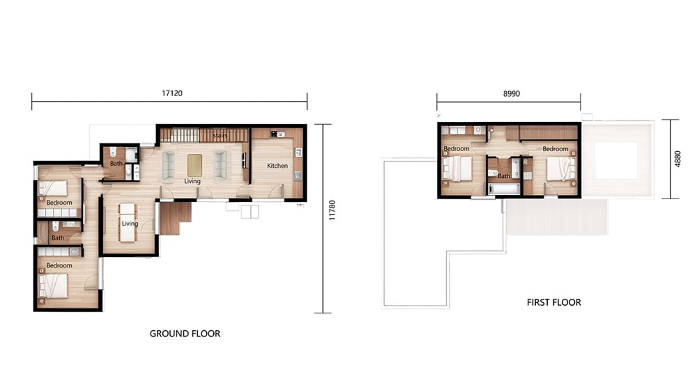 Spacious two-story house floor plan with multiple bedrooms, bathrooms, living areas, and kitchen, ideal for modern family living with ample space and functional design.