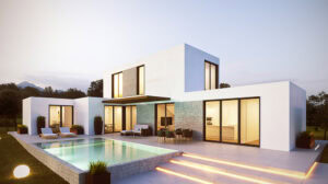 Modern minimalist white house with large glass sliding doors, outdoor pool, and landscaped garden, exemplifying luxury and sustainable architecture. Perfect for contemporary home design and outdoor living.