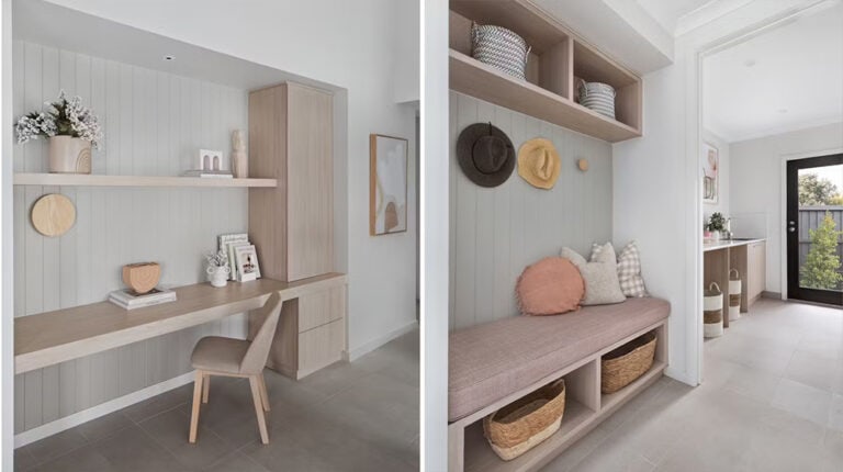 Modern minimalist home interior featuring a cozy reading nook with storage benches and decorative shelves, in a neutral color palette.