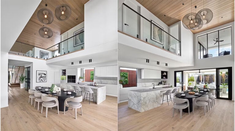 Modern open-concept kitchen and living space with minimalist design, sleek marble countertops, and natural wood accents, featuring stylish lighting and outdoor access, perfect for contemporary home living.