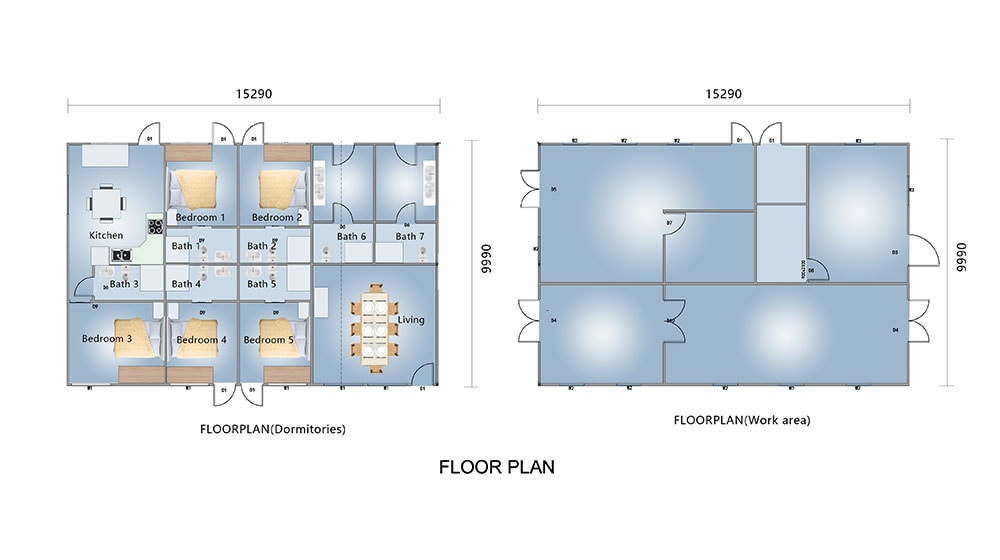 Plan d'une maison moderne bleue avec plusieurs chambres, salles de bains et un espace de vie spacieux, idéal pour un usage résidentiel ou commercial, mettant l'accent sur des solutions de conception de maison innovantes.