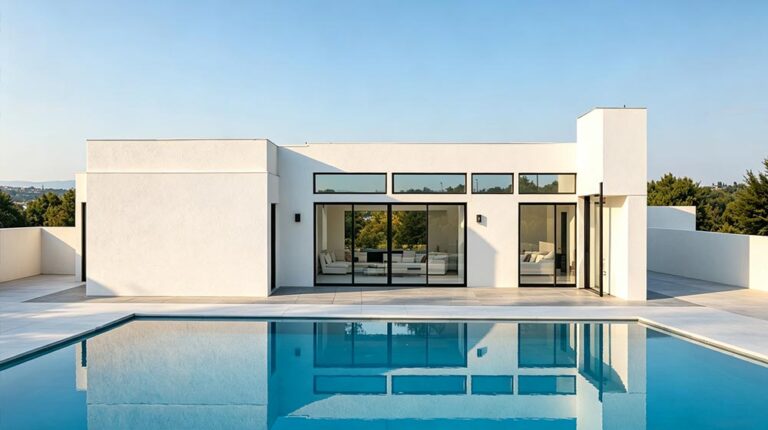 Contemporary luxury villa with large glass doors, white exterior, and swimming pool in the foreground, set against a clear blue sky.