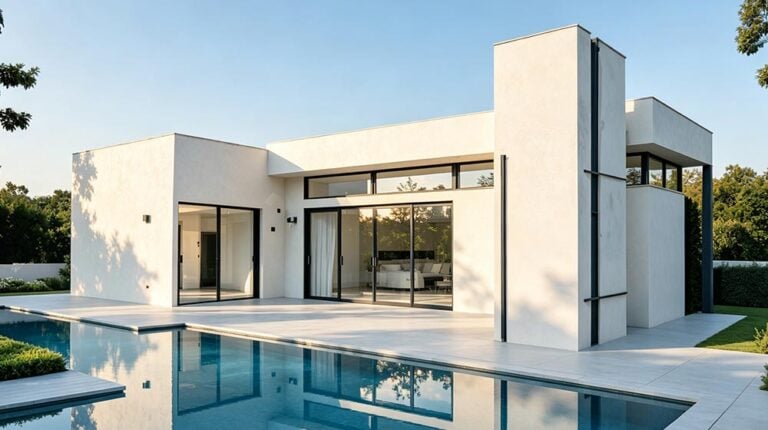 Contemporary luxury villa with white exterior, large glass windows, and a swimming pool in the foreground, set in a lush green environment.