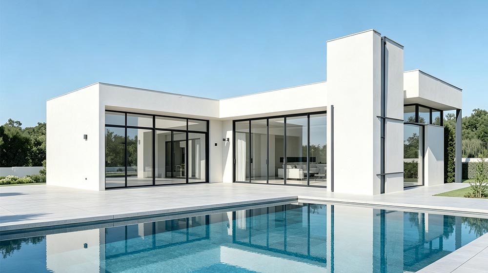 Contemporary luxury villa featuring large glass windows, a sleek white exterior, and a spacious outdoor pool area, perfect for modern living.