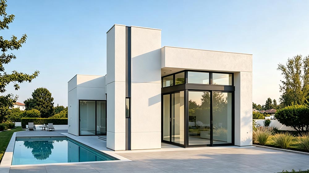 Contemporary white luxury villa with large glass windows and a swimming pool, set in a landscaped garden under a clear blue sky.
