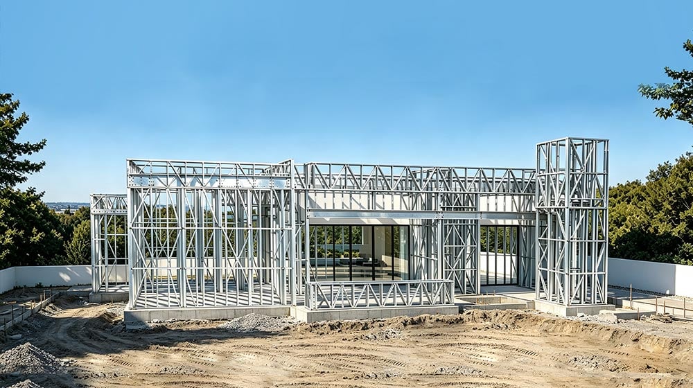 Steel frame structure of a modern house being built on a construction site with clear blue sky and trees in the background.