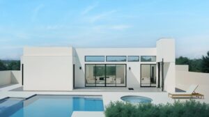 Moderna casa blanca minimalista con grandes ventanales de vidrio y puertas corredizas, piscina al aire libre y jacuzzi con vista a una exuberante vegetación, diseñada para el lujo y la relajación.