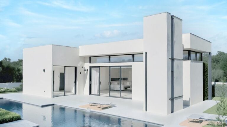 Sleek modern white house with large glass windows overlooking a swimming pool, emphasizing contemporary architectural design and luxury home features.