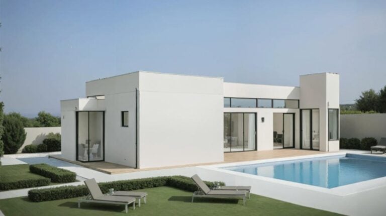 Modern minimalist white house with large glass windows and a swimming pool, outdoor lounge chairs, contemporary architecture, luxury home, backyard outdoor space, modern design, residential villa, outdoor living space, high-end home imaging.
