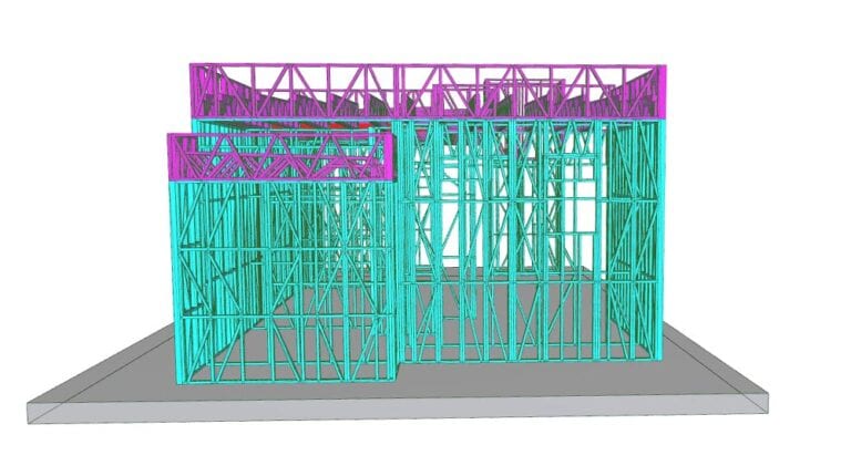 Colorful steel framing structure of a building under construction, with purple, teal, and pink structural elements, on a concrete foundation, showcasing advanced architectural design by Deepblue.